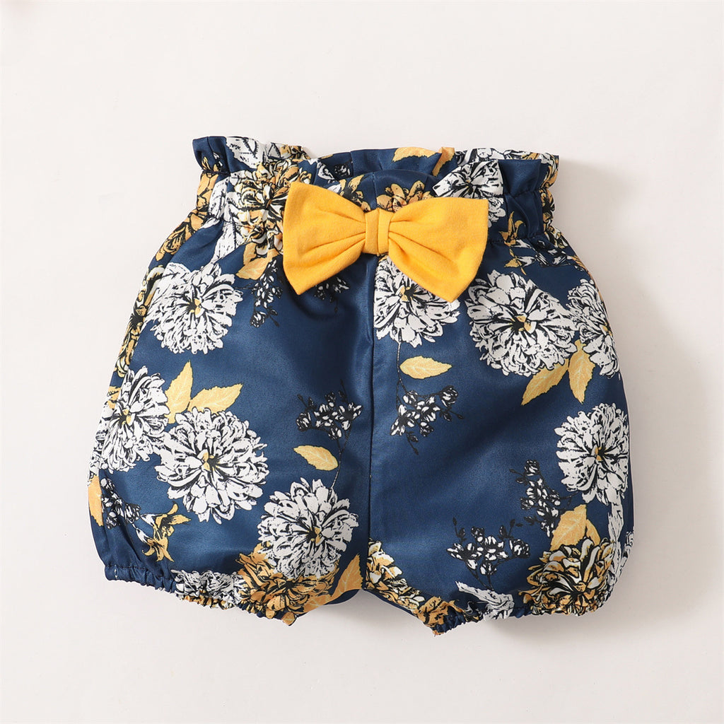 Conjunto de 3 Peças para Bebê Menina – Body de Manga Curta com Babados, Shorts Floral e Tiara, Fantasia Fofa para Verão de 0 a 18 Meses