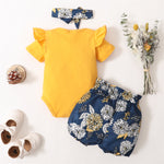 Conjunto de 3 Peças para Bebê Menina – Body de Manga Curta com Babados, Shorts Floral e Tiara, Fantasia Fofa para Verão de 0 a 18 Meses