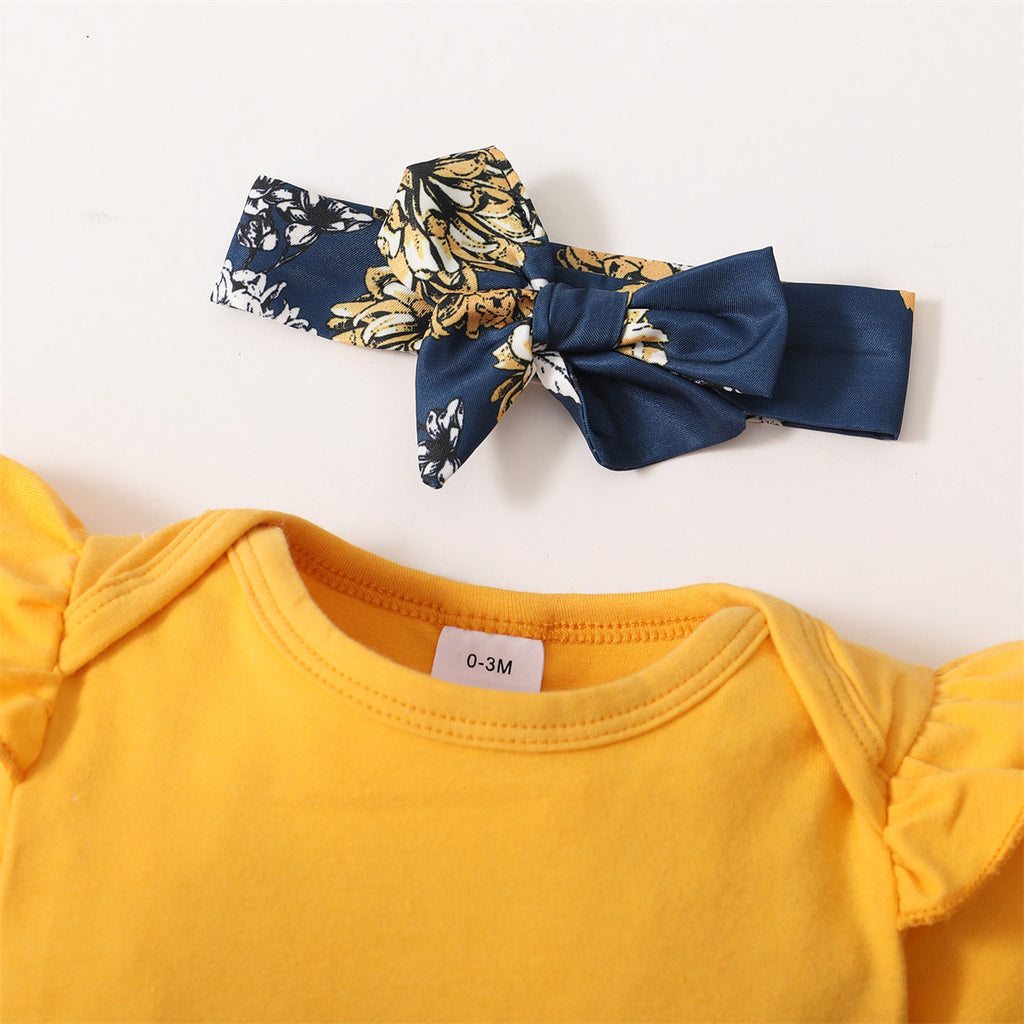 Conjunto de 3 Peças para Bebê Menina – Body de Manga Curta com Babados, Shorts Floral e Tiara, Fantasia Fofa para Verão de 0 a 18 Meses