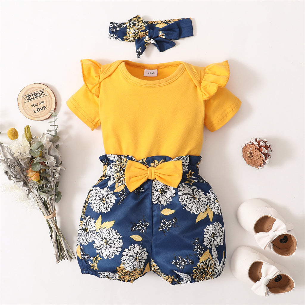 Conjunto de 3 Peças para Bebê Menina – Body de Manga Curta com Babados, Shorts Floral e Tiara, Fantasia Fofa para Verão de 0 a 18 Meses